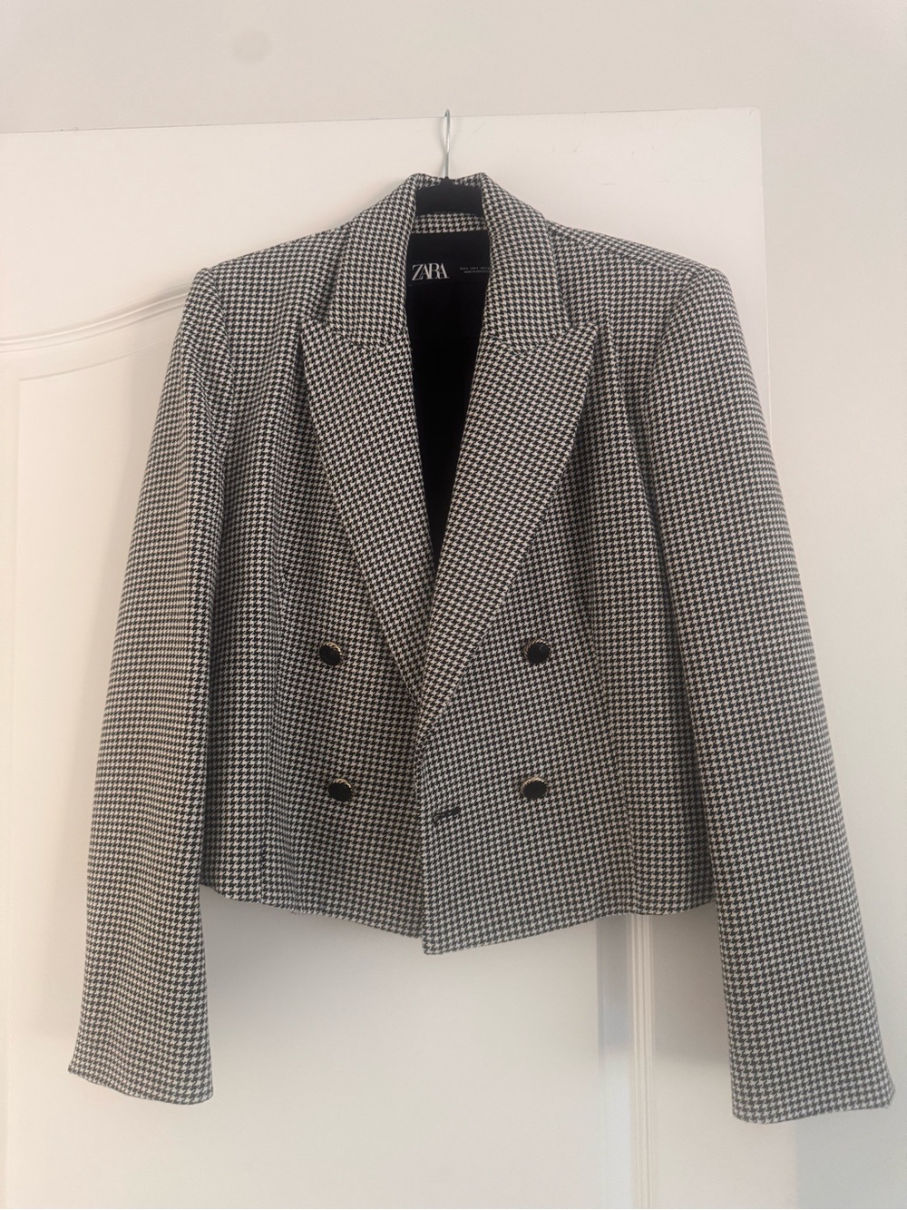 Zara Black & White Houndstooth Cropped Double-Breasted Blazer Jacket